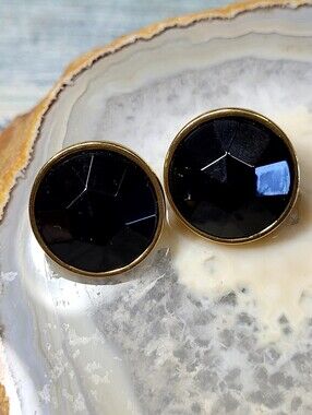 Vintage AVON Black Faceted Round Earrings with Gold Trim